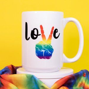 Pride Coffee Mugs 🌈 "Peace, Love, Pride Hand" 12oz or 15oz
